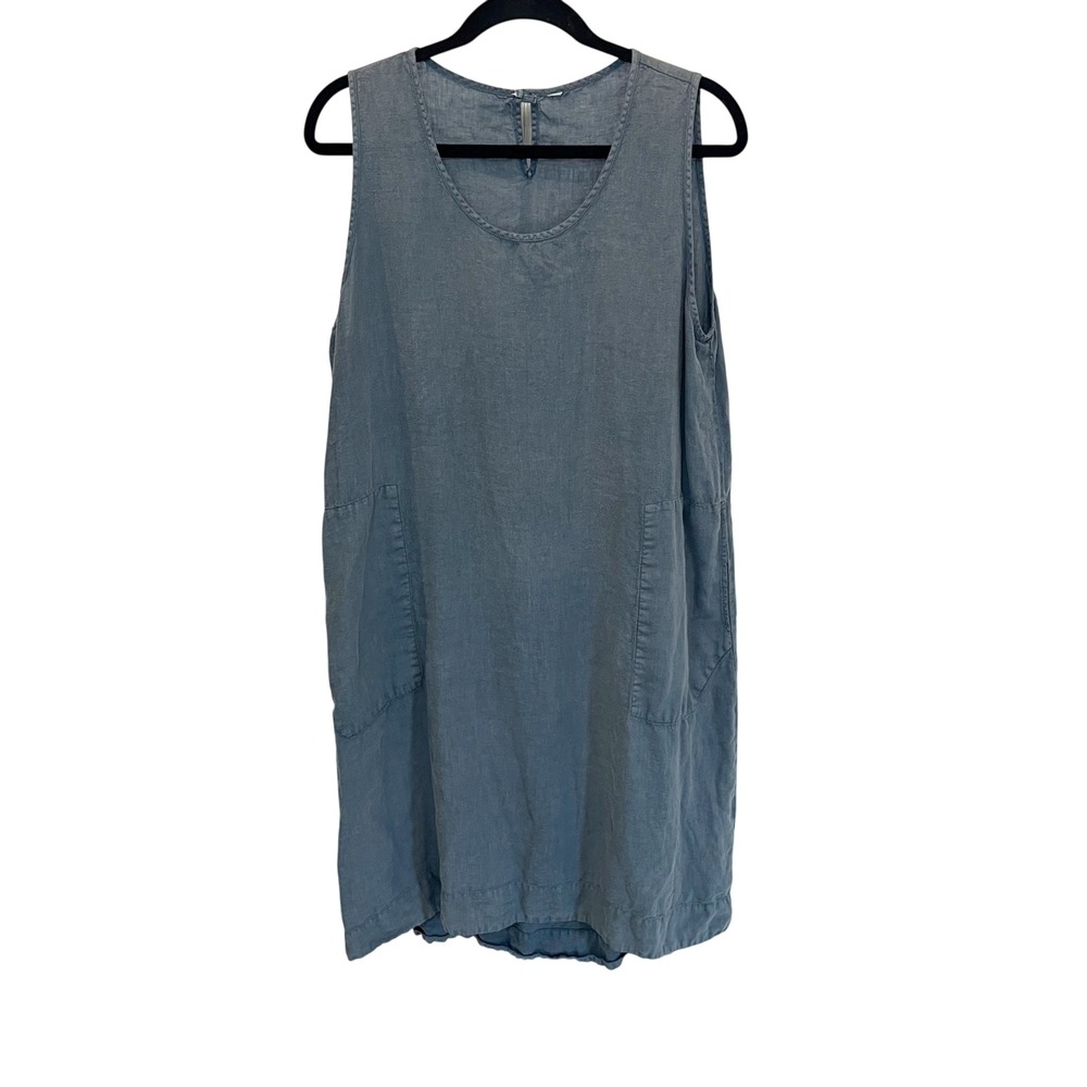 Homefrocks Linen Shift Dress Blue Gray Hand Dyed Sleeveless Pockets Midi MEDIUM